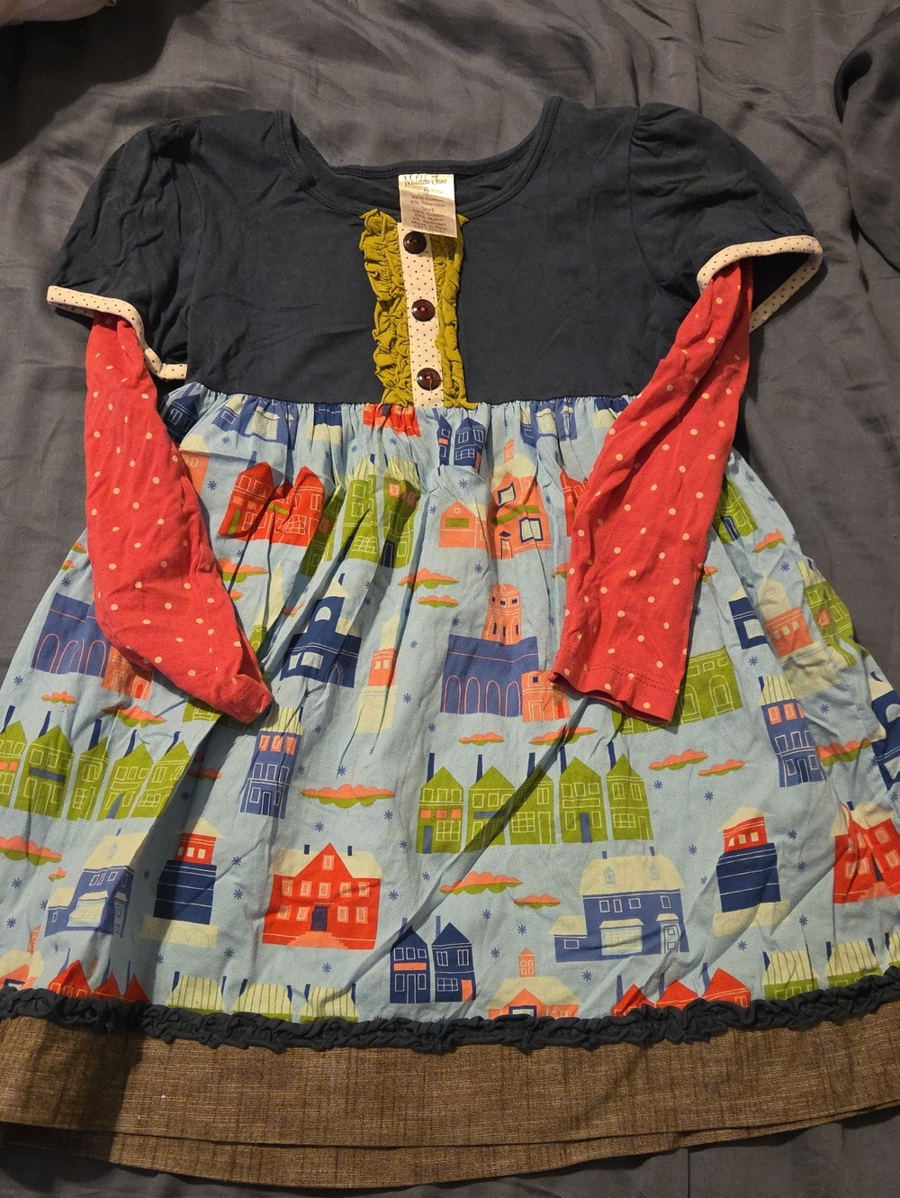 Vintage Matilda Jane Girls Navy & Multi-Color Long Sleeve Town-Print Dress